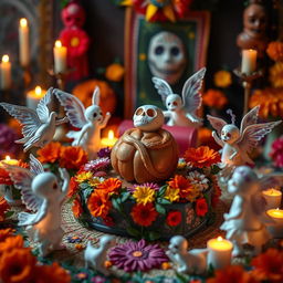 A heartfelt scene depicting the Day of the Dead celebration in Ecuador, with a beautifully crafted guagua de pan (bread figurine) placed on a colorful altar adorned with marigolds and traditional offerings