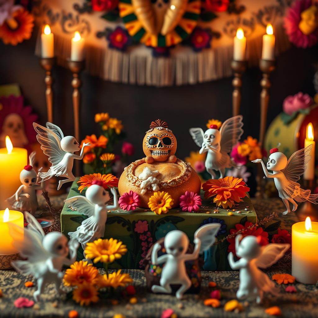 A heartfelt scene depicting the Day of the Dead celebration in Ecuador, with a beautifully crafted guagua de pan (bread figurine) placed on a colorful altar adorned with marigolds and traditional offerings