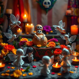 A heartfelt scene depicting the Day of the Dead celebration in Ecuador, with a beautifully crafted guagua de pan (bread figurine) placed on a colorful altar adorned with marigolds and traditional offerings