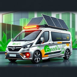 A futuristic electrician's van featuring solar panels and advanced technology, showcasing the branding of 'Omaña Solar' prominently on its exterior