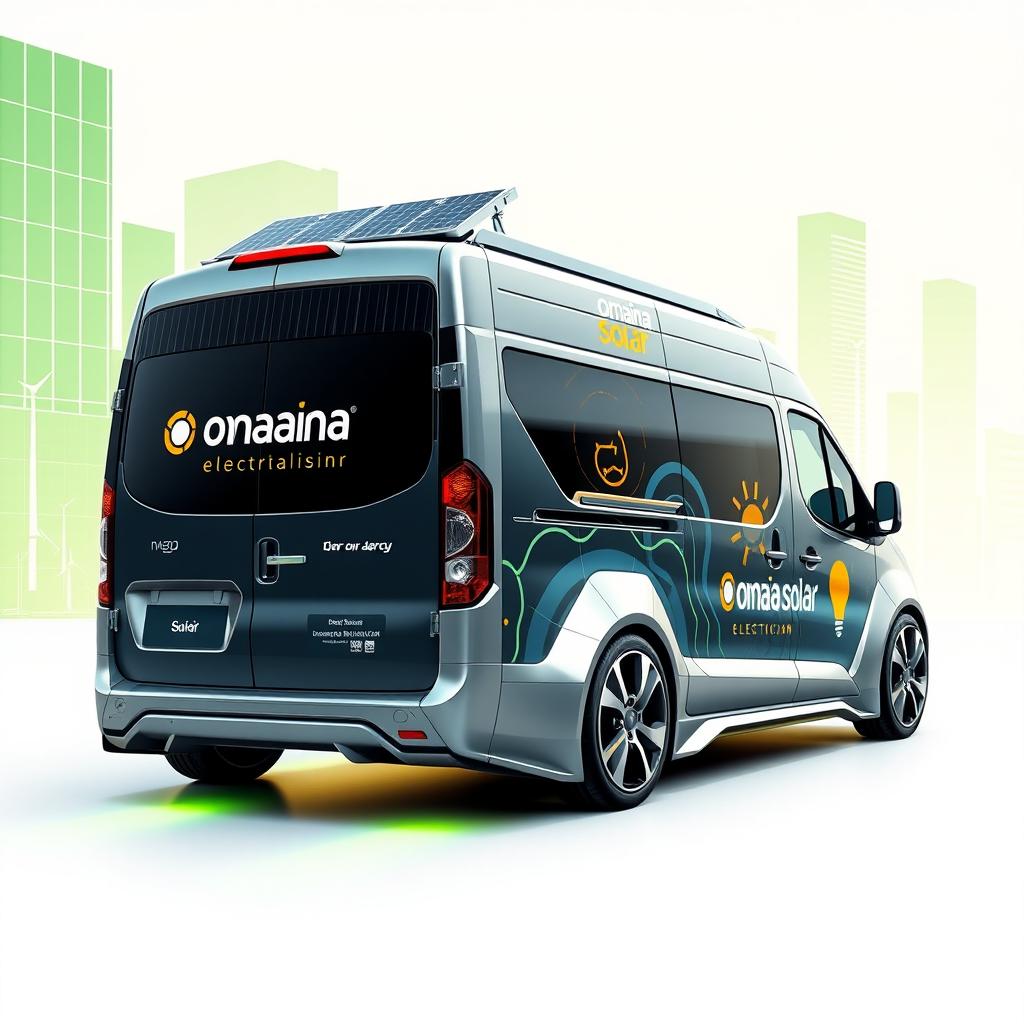 A futuristic electrician's van featuring solar panels and advanced technology, showcasing the branding of 'Omaña Solar' prominently on its exterior