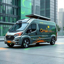 A futuristic electrician's van featuring solar panels and advanced technology, showcasing the branding of 'Omaña Solar' prominently on its exterior