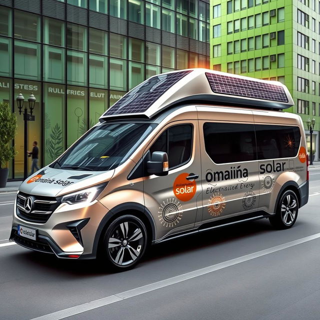 A futuristic electrician's van featuring solar panels and advanced technology, showcasing the branding of 'Omaña Solar' prominently on its exterior