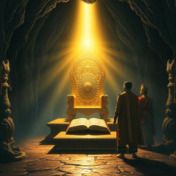 An ornate golden throne illuminated by a divine light, positioned majestically in the center of a dark, mysterious cave