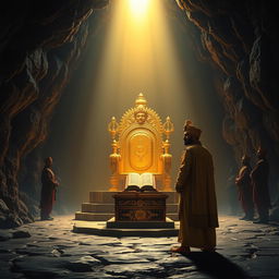 An ornate golden throne illuminated by a divine light, positioned majestically in the center of a dark, mysterious cave