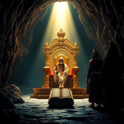 An ornate golden throne illuminated by a divine light, positioned majestically in the center of a dark, mysterious cave