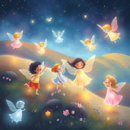A whimsical and heartwarming scene featuring ethereal spirits of children playfully interacting in a colorful and enchanting environment