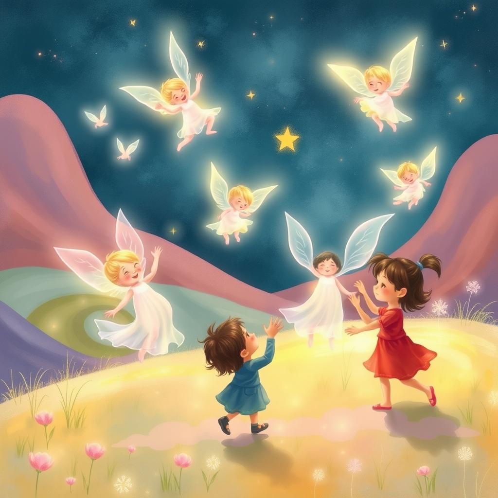 A whimsical and heartwarming scene featuring ethereal spirits of children playfully interacting in a colorful and enchanting environment