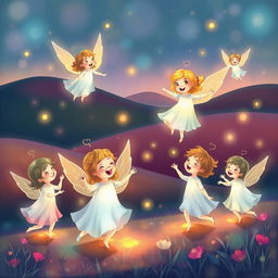 A whimsical and heartwarming scene featuring ethereal spirits of children playfully interacting in a colorful and enchanting environment