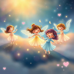 A whimsical and heartwarming scene featuring ethereal spirits of children playfully interacting in a colorful and enchanting environment