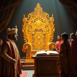 An ornate golden throne illuminated by divine light in the middle of a dark cave, showcasing intricate carvings and embellishments