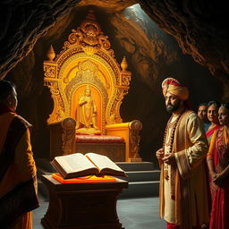 An ornate golden throne illuminated by divine light in the middle of a dark cave, showcasing intricate carvings and embellishments