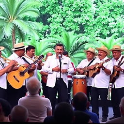 A vibrant television program featuring several men wearing white guayabera shirts, straw hats, and black pants