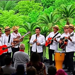 A vibrant television program featuring several men wearing white guayabera shirts, straw hats, and black pants