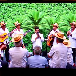 A vibrant television program featuring several men wearing white guayabera shirts, straw hats, and black pants
