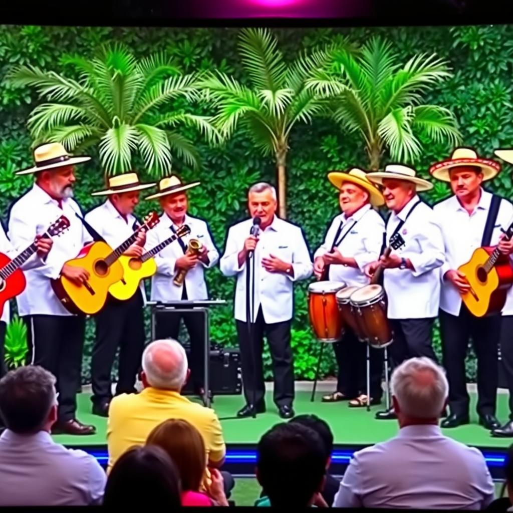 A vibrant television program featuring several men wearing white guayabera shirts, straw hats, and black pants