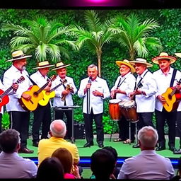 A vibrant television program featuring several men wearing white guayabera shirts, straw hats, and black pants