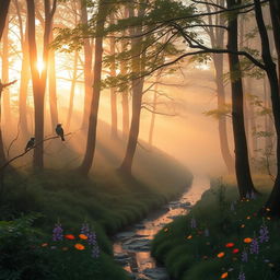 a serene forest scene at dawn, mist gently rising among the trees, soft golden sunlight filtering through the leaves, a small tranquil stream running through the forest floor, birds perched on branches singing, wildflowers blooming in vibrant colors, a sense of calm and tranquility in nature