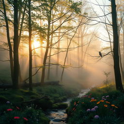 a serene forest scene at dawn, mist gently rising among the trees, soft golden sunlight filtering through the leaves, a small tranquil stream running through the forest floor, birds perched on branches singing, wildflowers blooming in vibrant colors, a sense of calm and tranquility in nature
