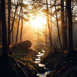 a serene forest scene at dawn, mist gently rising among the trees, soft golden sunlight filtering through the leaves, a small tranquil stream running through the forest floor, birds perched on branches singing, wildflowers blooming in vibrant colors, a sense of calm and tranquility in nature