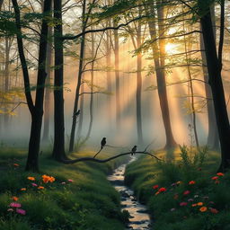 a serene forest scene at dawn, mist gently rising among the trees, soft golden sunlight filtering through the leaves, a small tranquil stream running through the forest floor, birds perched on branches singing, wildflowers blooming in vibrant colors, a sense of calm and tranquility in nature