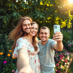 A heartwarming scene showcasing two people, a man and a woman, standing closely together in a beautiful outdoor setting, taking a selfie