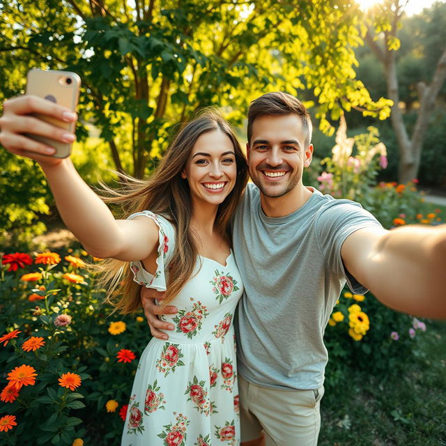 A heartwarming scene showcasing two people, a man and a woman, standing closely together in a beautiful outdoor setting, taking a selfie