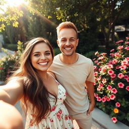 A heartwarming scene showcasing two people, a man and a woman, standing closely together in a beautiful outdoor setting, taking a selfie