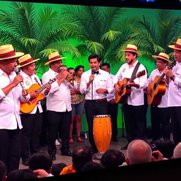 A modern television program featuring several men wearing white guayabera shirts, straw hats, and black pants