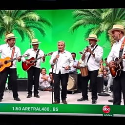 A modern television program featuring several men wearing white guayabera shirts, straw hats, and black pants