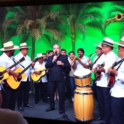 A modern television program featuring several men wearing white guayabera shirts, straw hats, and black pants