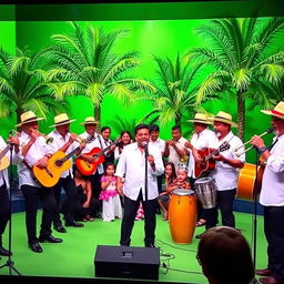 A modern television program featuring several men wearing white guayabera shirts, straw hats, and black pants