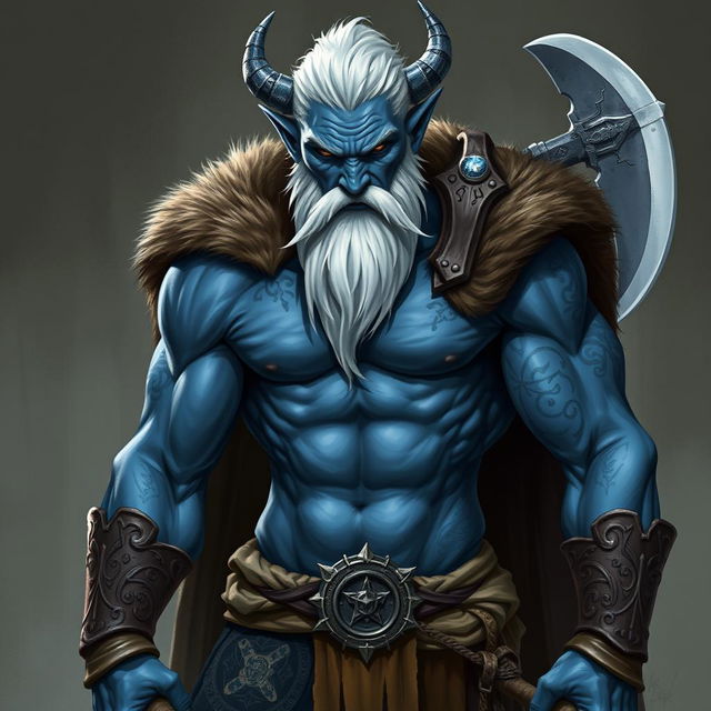 A blue-skinned tiefling barbarian, showcasing his impressive muscular physique