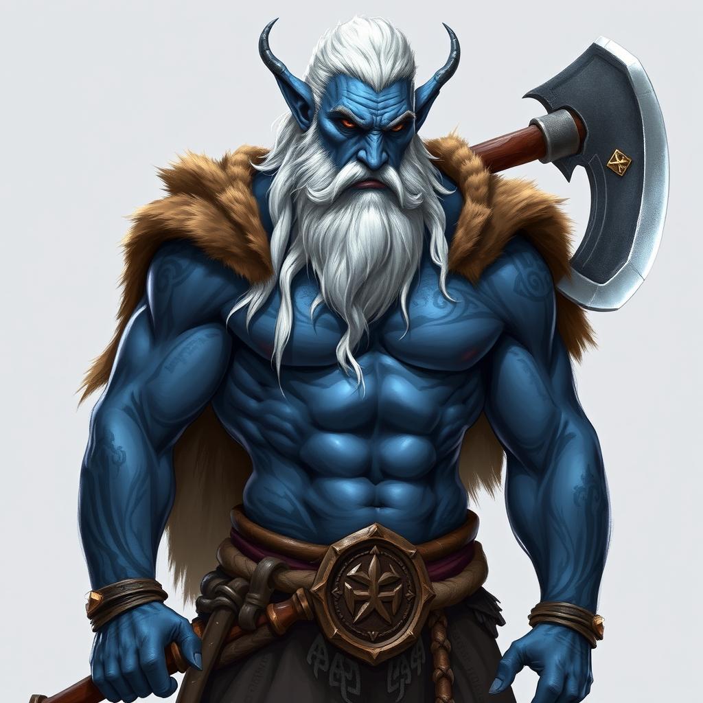 A blue-skinned tiefling barbarian, showcasing his impressive muscular physique