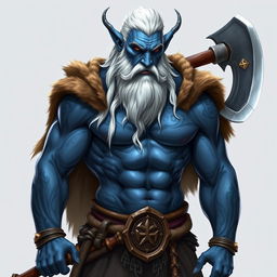 A blue-skinned tiefling barbarian, showcasing his impressive muscular physique