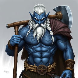 A blue-skinned tiefling barbarian, showcasing his impressive muscular physique