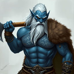A blue-skinned tiefling barbarian, showcasing his impressive muscular physique