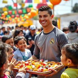 Cristiano Ronaldo holding a large tray of traditional sweets and snacks during a charitable event, giving to people with warm smiles
