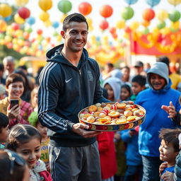 Cristiano Ronaldo holding a large tray of traditional sweets and snacks during a charitable event, giving to people with warm smiles