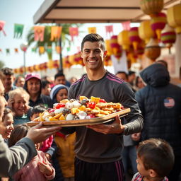 Cristiano Ronaldo holding a large tray of traditional sweets and snacks during a charitable event, giving to people with warm smiles
