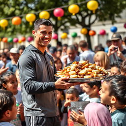 Cristiano Ronaldo holding a large tray of traditional sweets and snacks during a charitable event, giving to people with warm smiles