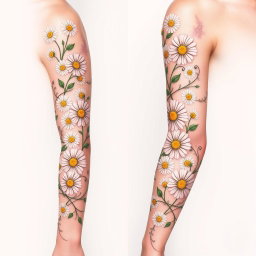 A detailed and intricate sleeve tattoo design featuring beautiful daisies