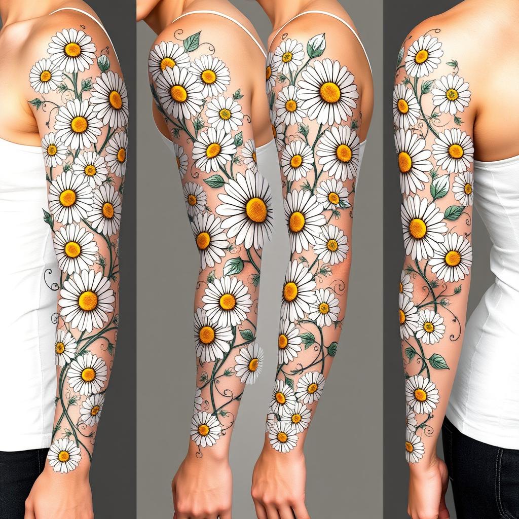 A detailed and intricate sleeve tattoo design featuring beautiful daisies
