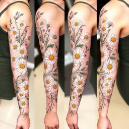 A detailed and intricate sleeve tattoo design featuring beautiful daisies