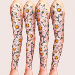 A detailed and intricate sleeve tattoo design featuring beautiful daisies
