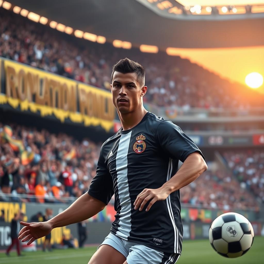 Cristiano Ronaldo is seen on a football field during a match, intensely focused and showing determination as he dribbles past defenders