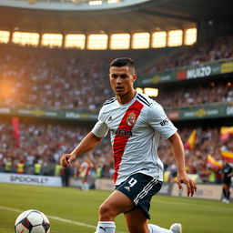 Cristiano Ronaldo is seen on a football field during a match, intensely focused and showing determination as he dribbles past defenders