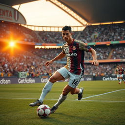Cristiano Ronaldo is seen on a football field during a match, intensely focused and showing determination as he dribbles past defenders