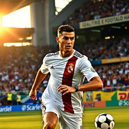 Cristiano Ronaldo is seen on a football field during a match, intensely focused and showing determination as he dribbles past defenders