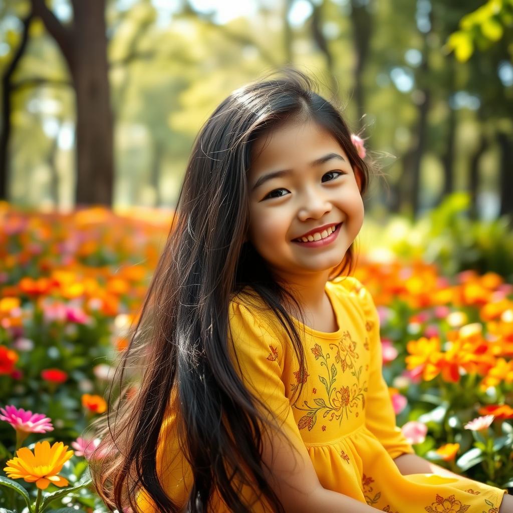 A portrait of a young girl with long, flowing black hair, wearing a bright yellow dress adorned with intricate floral patterns